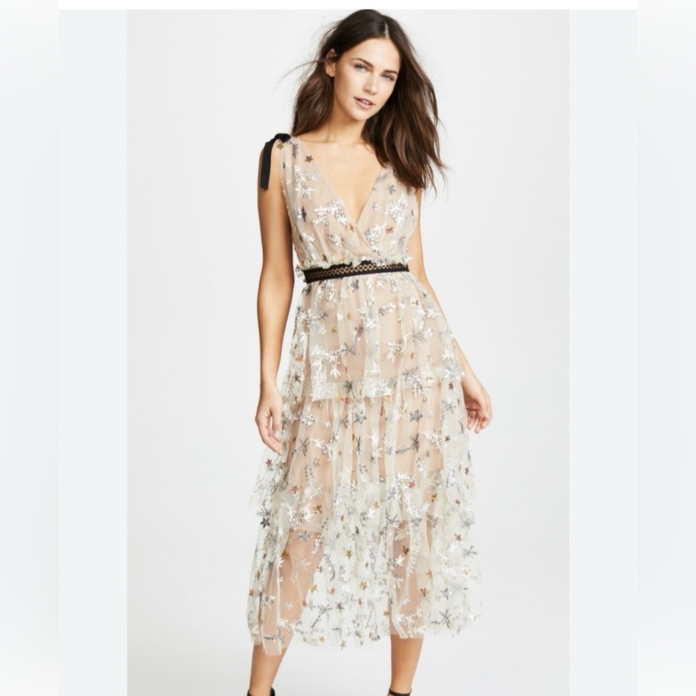 Self-Portrait Sheer Embroidered Star Midi Dress in Nude and Silver
